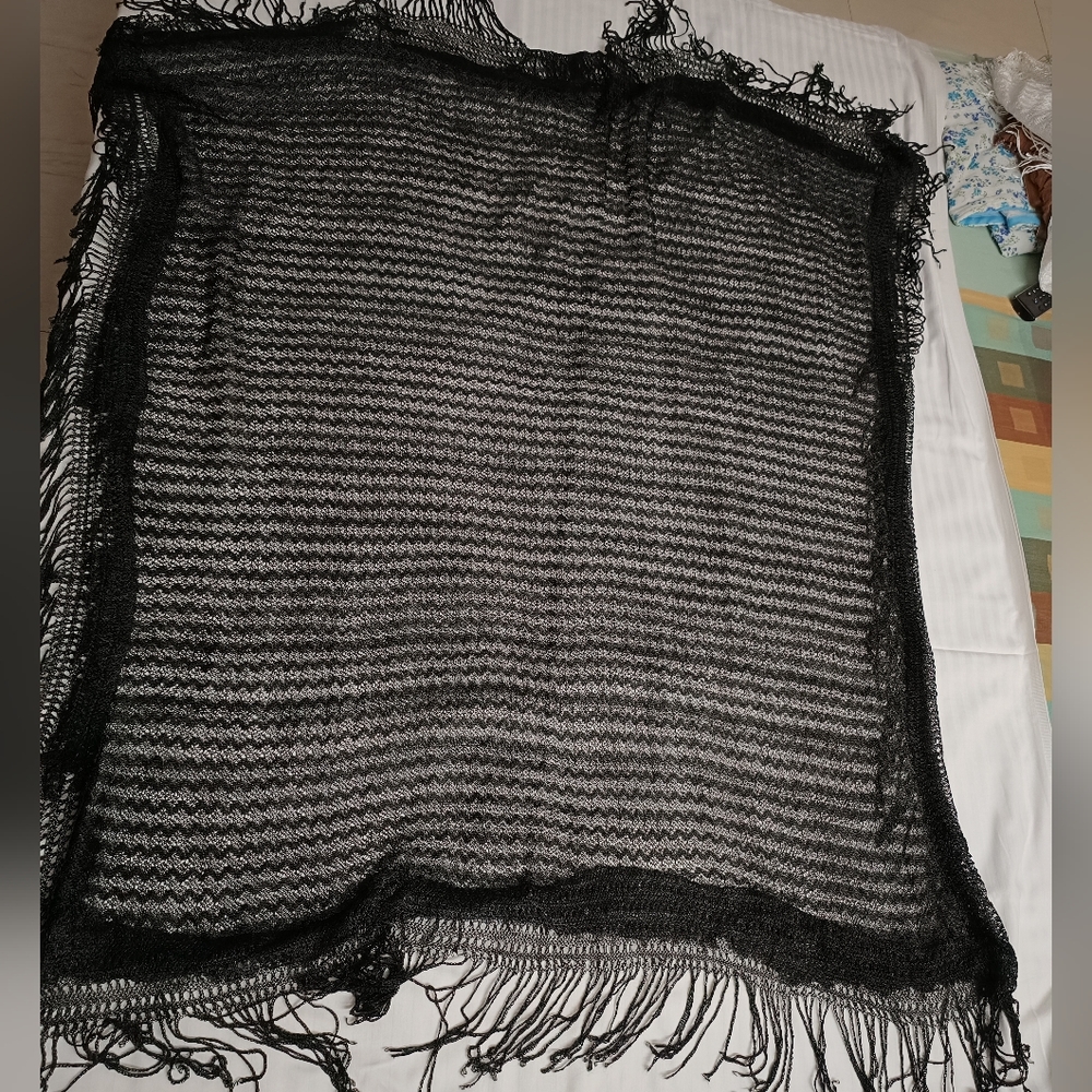 Black Fringed Square Shape Crochet knit Fabric Net Scarf - Picture 3 of 4